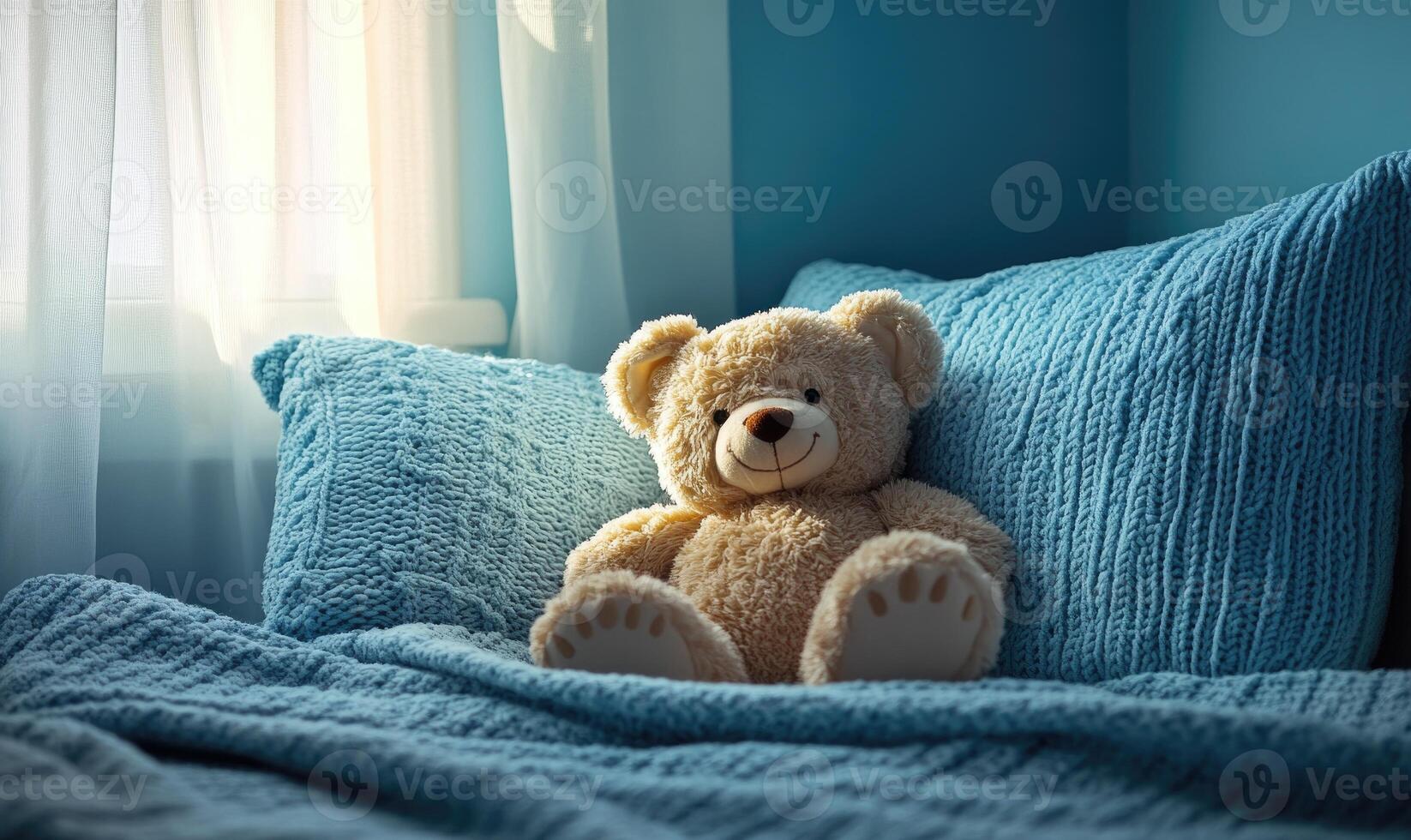 Plush bear nestled in pillows, cozy knitted blanket, soft blue walls photo