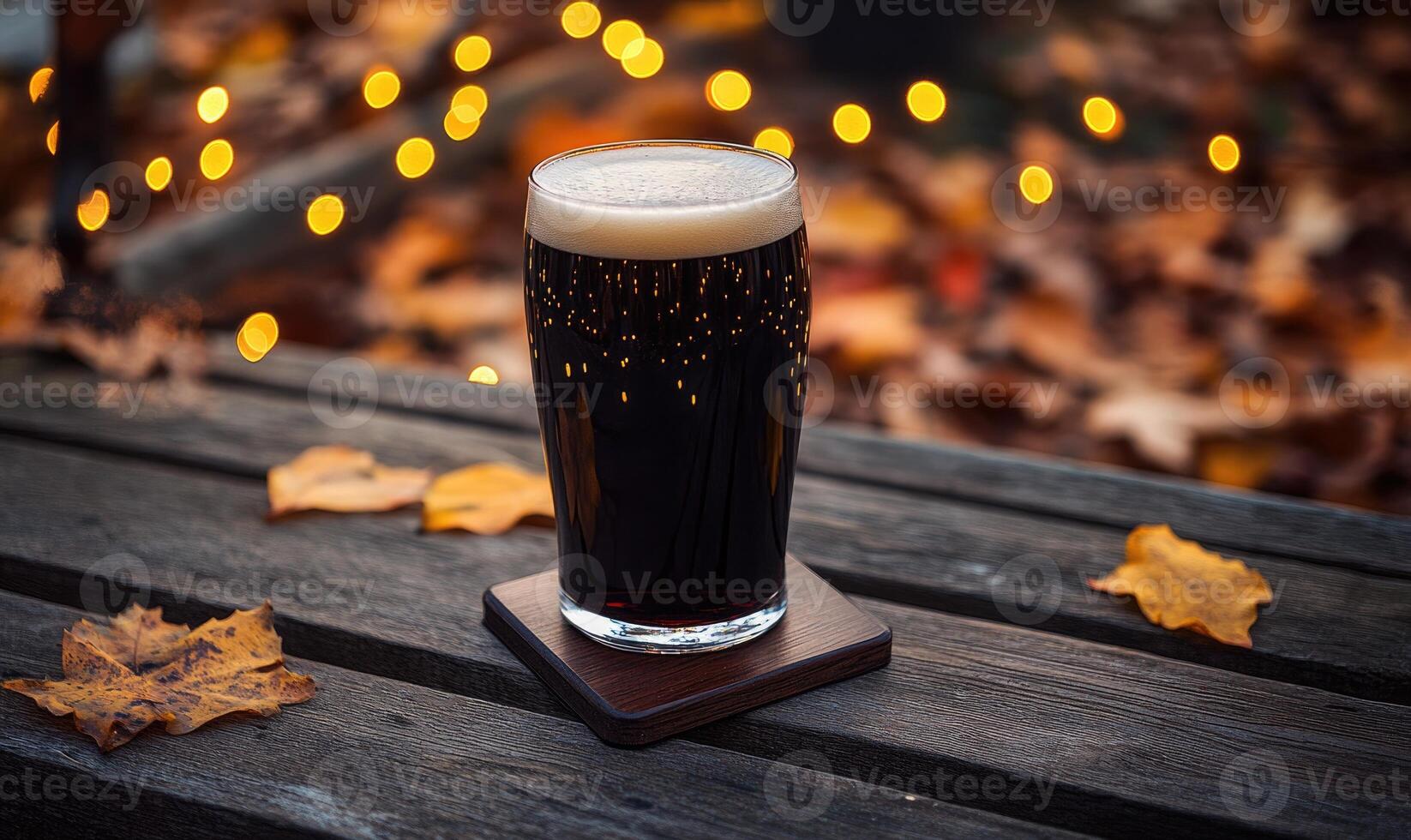 Pint of dark beer on wooden coaster, surrounded by warm fairy lights, autumn leaves scattered photo