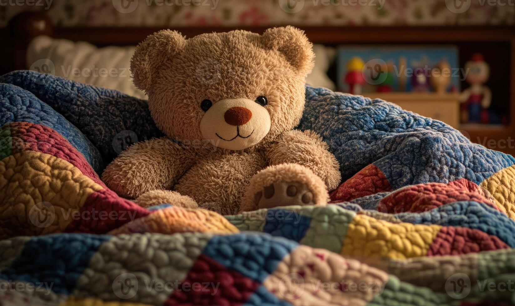 Teddy bear nestled in blankets photo