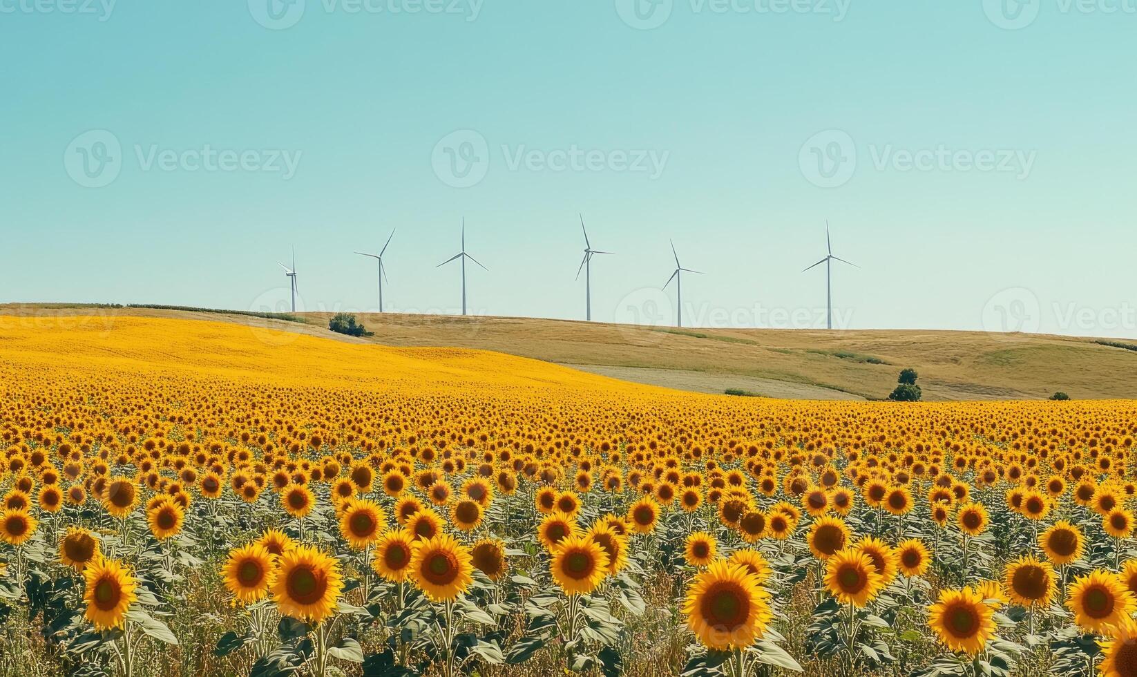 Vast sunflower fields, wind turbines in the distance photo