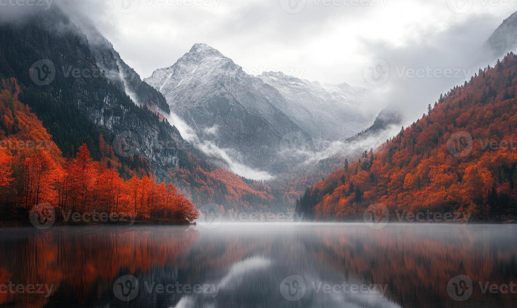 Serene autumn view, mountain range, orange and red foliage photo