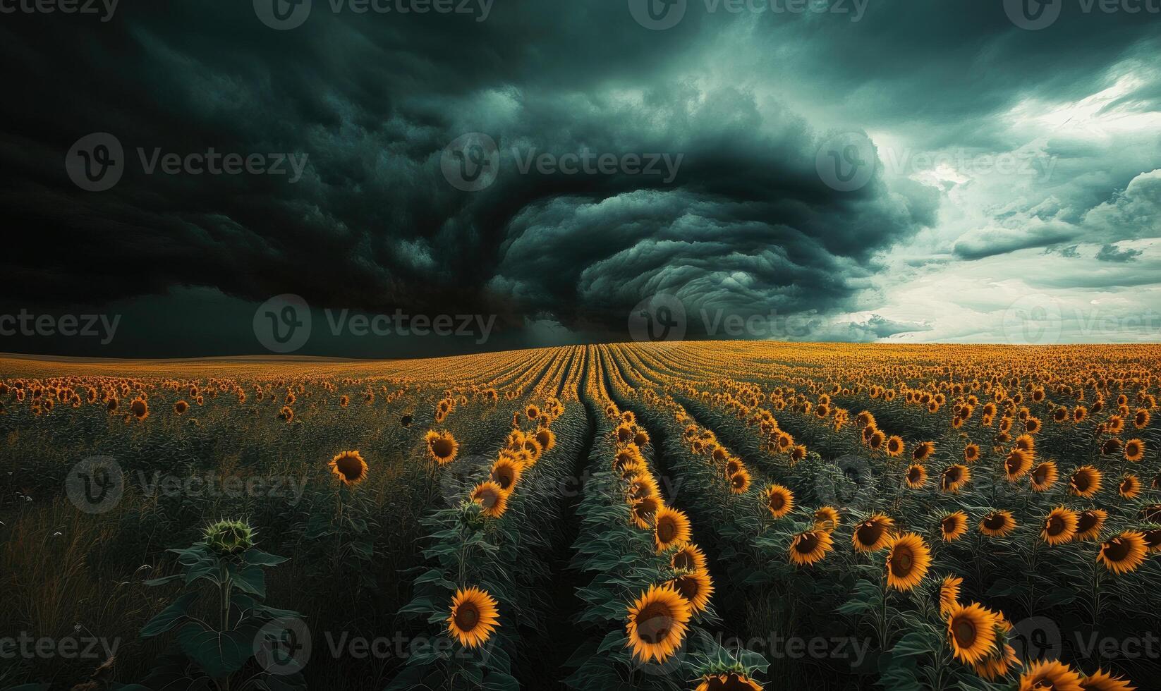 Rolling sunflower fields under dramatic skies, golden waves photo