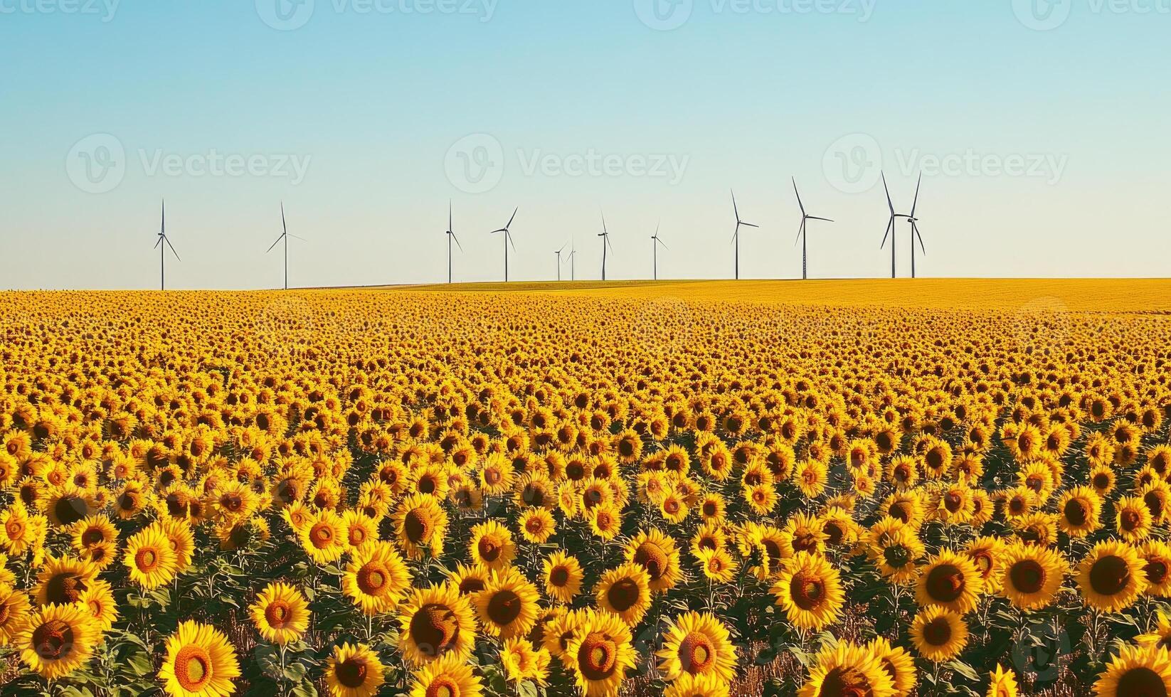 Vast sunflower fields, wind turbines in the distance photo