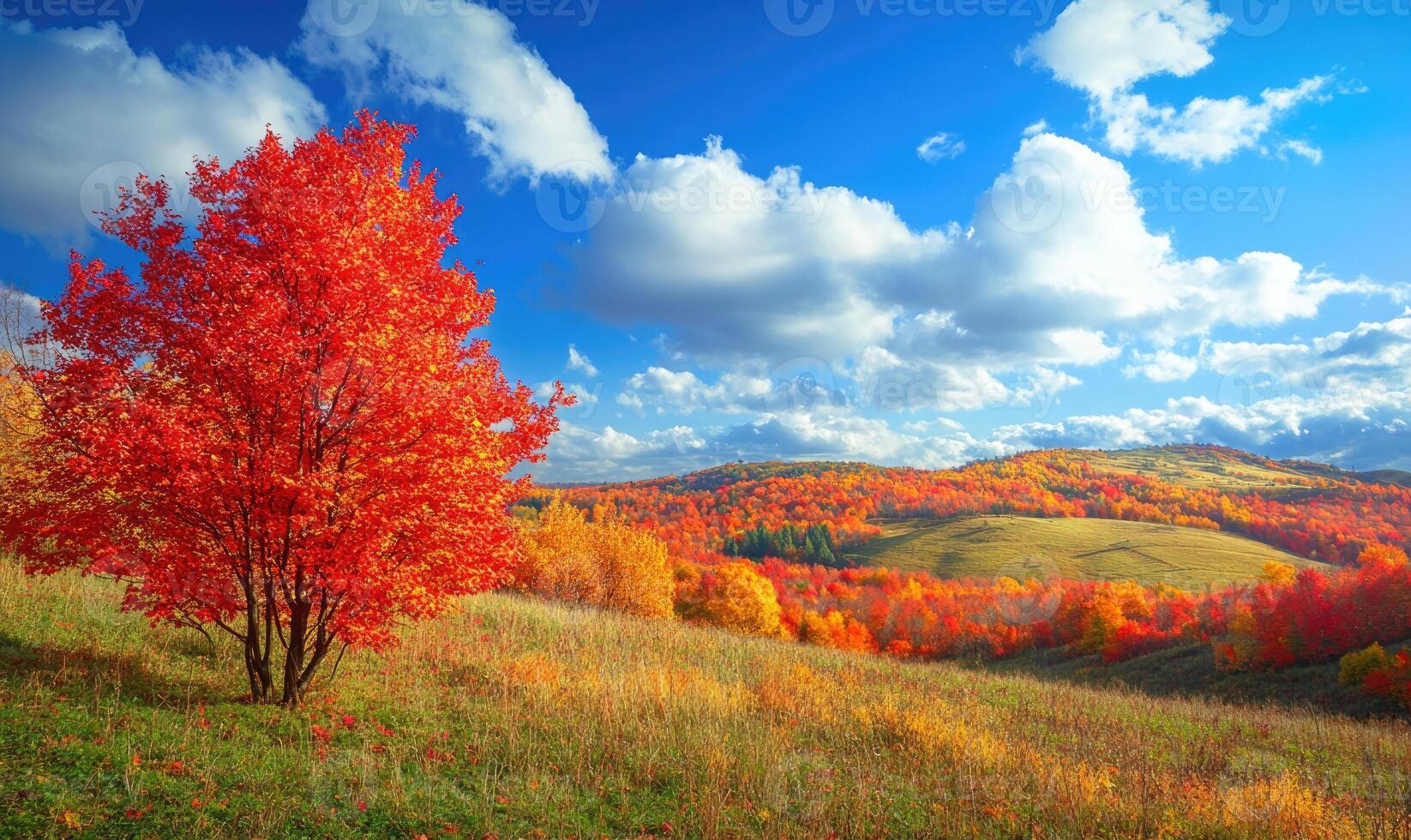 Vibrant autumn scenery, rolling hills, red and yellow leaves photo