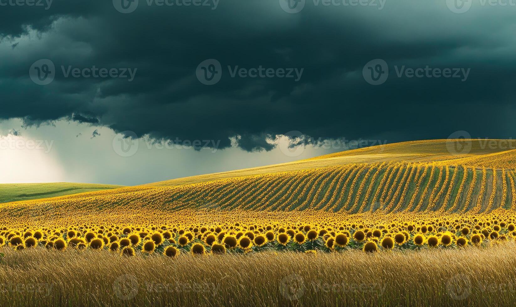 Rolling sunflower fields under dramatic skies, golden waves photo