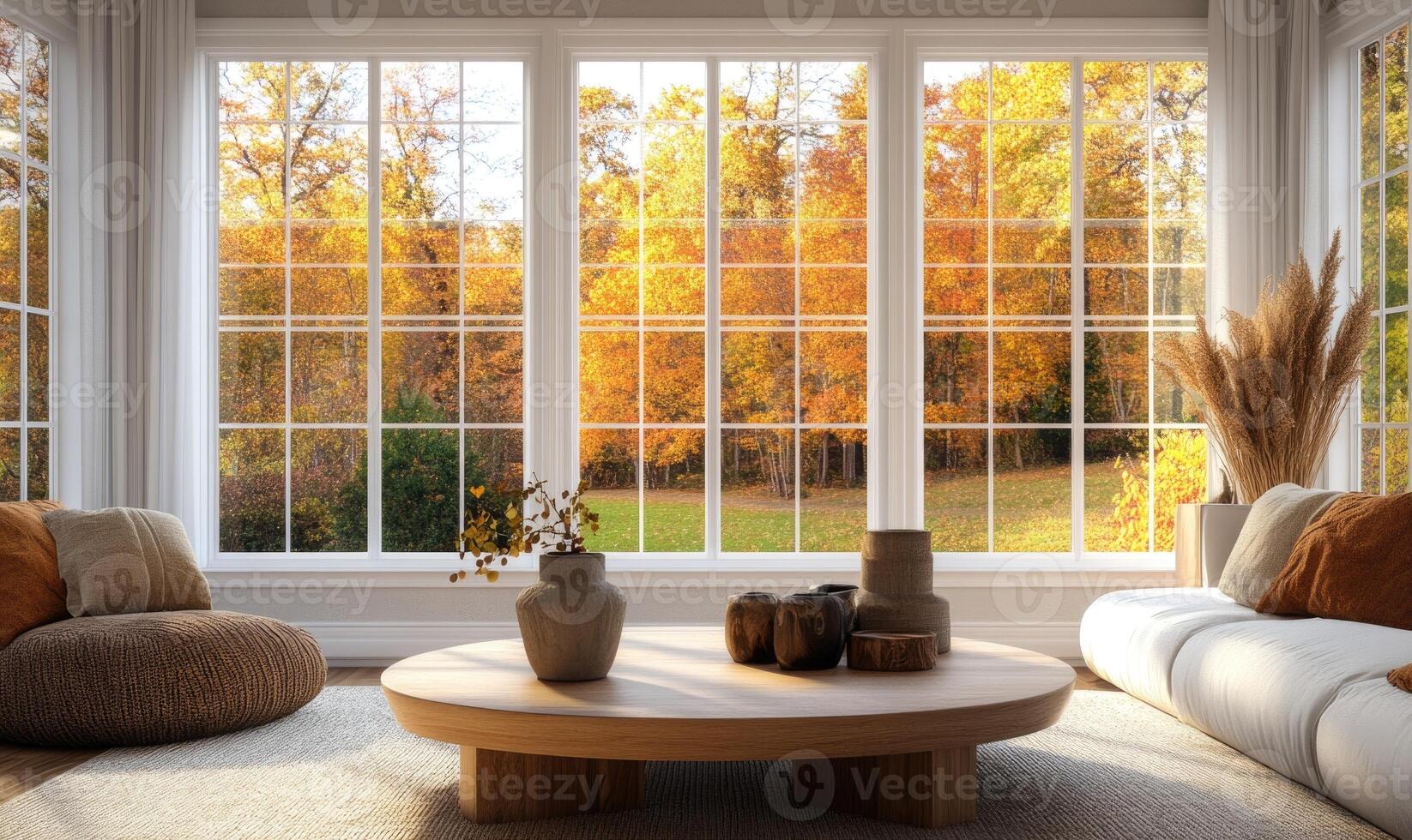 Scandinavian living room, neutral tones, light wood decor photo