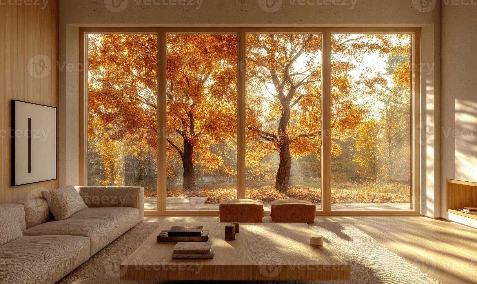 Scandinavian living room, neutral tones, light wood decor photo
