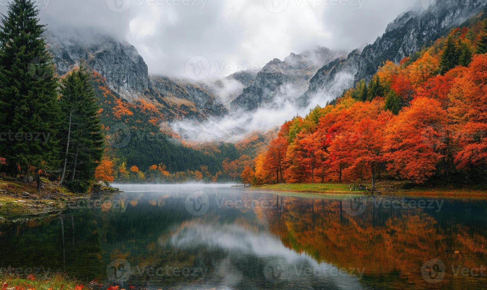 Serene autumn view, mountain range, orange and red foliage photo