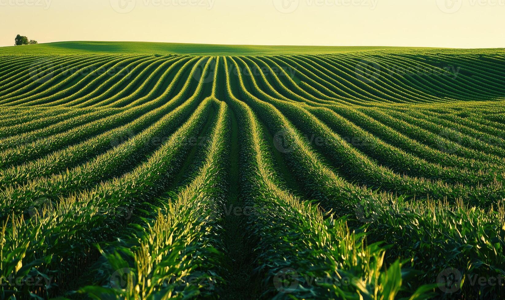 Serene cornfield, endless rows, lush green, soft breeze photo