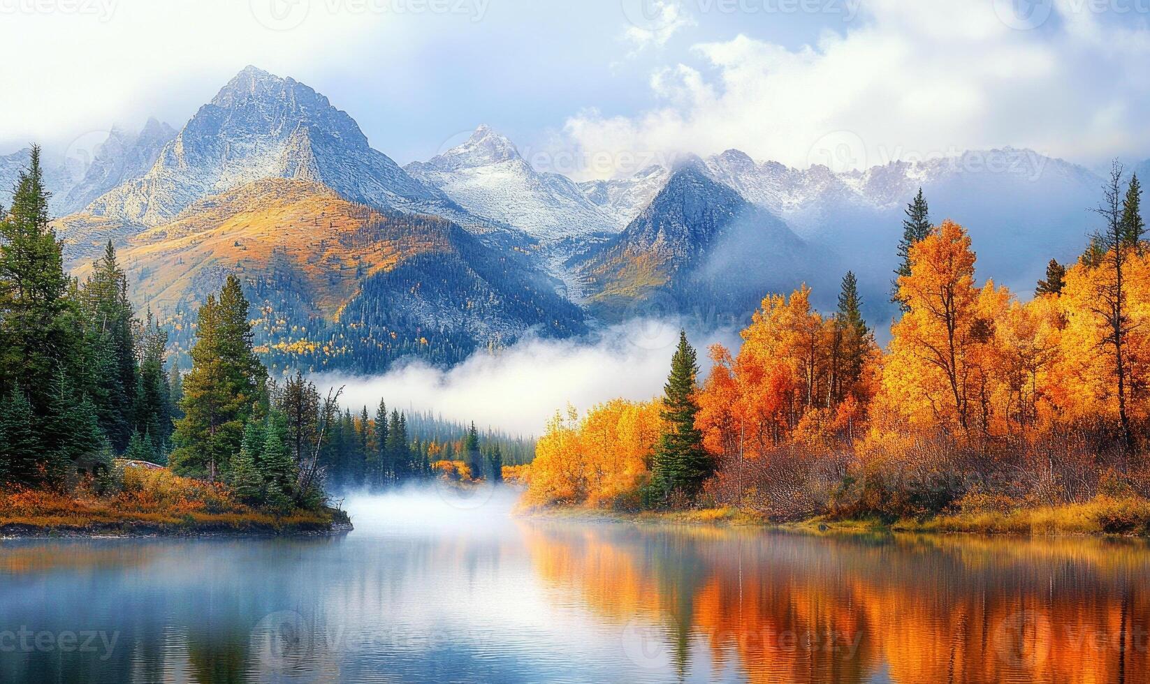Fall landscape with mountain peaks, amber foliage, misty morning photo