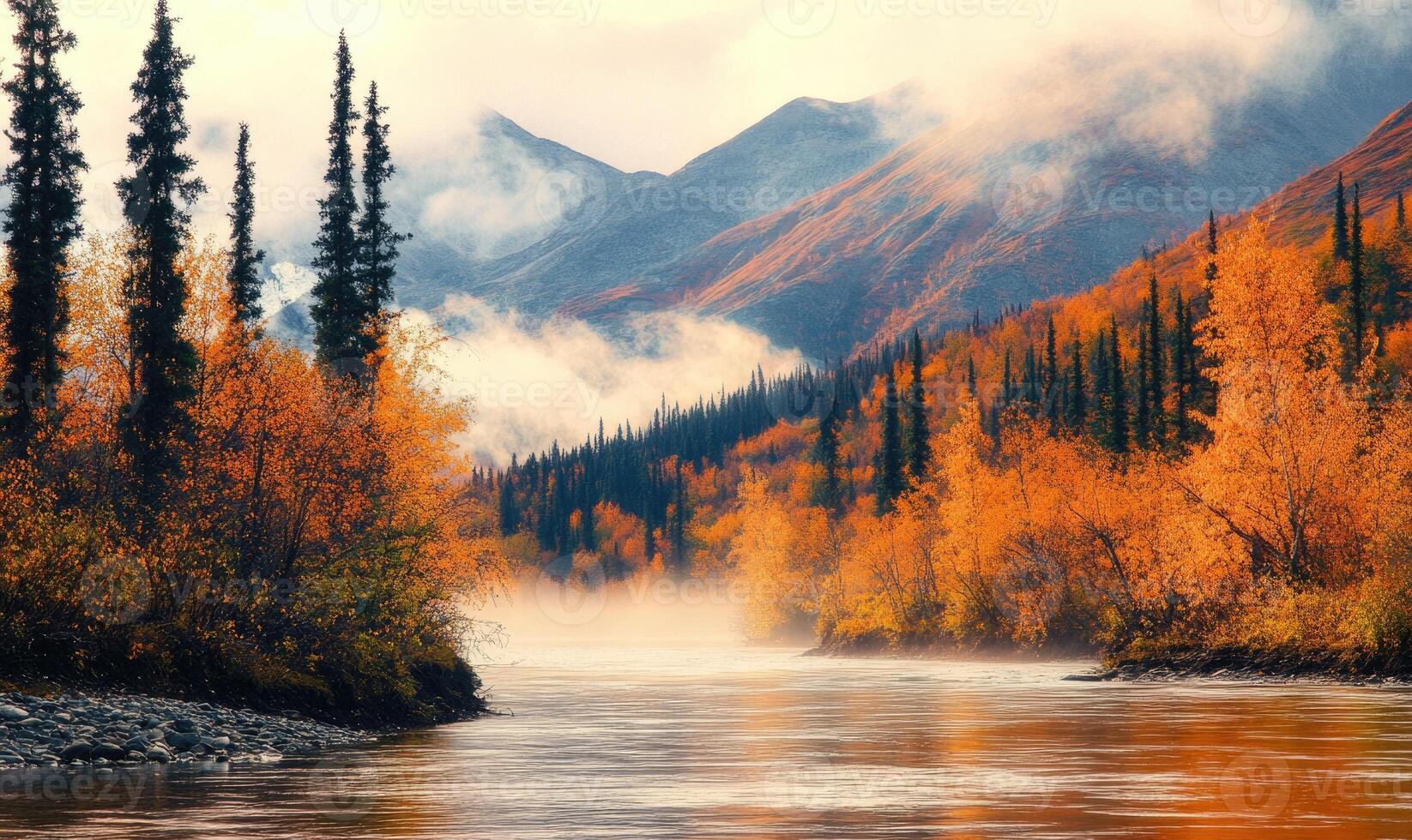 Fall landscape with mountain peaks, amber foliage, misty morning photo