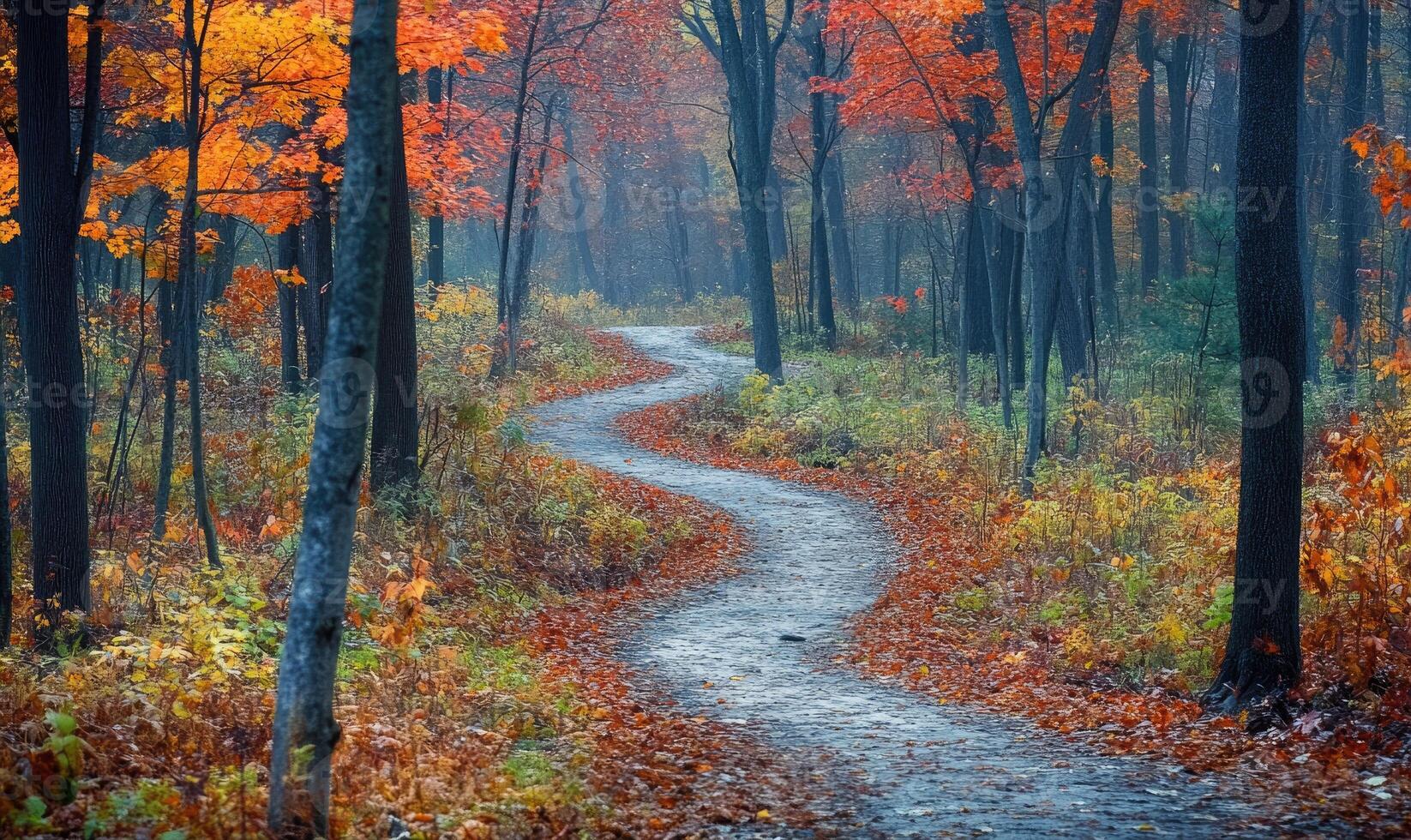Serene autumn scene, forest, winding path, vibrant foliage photo