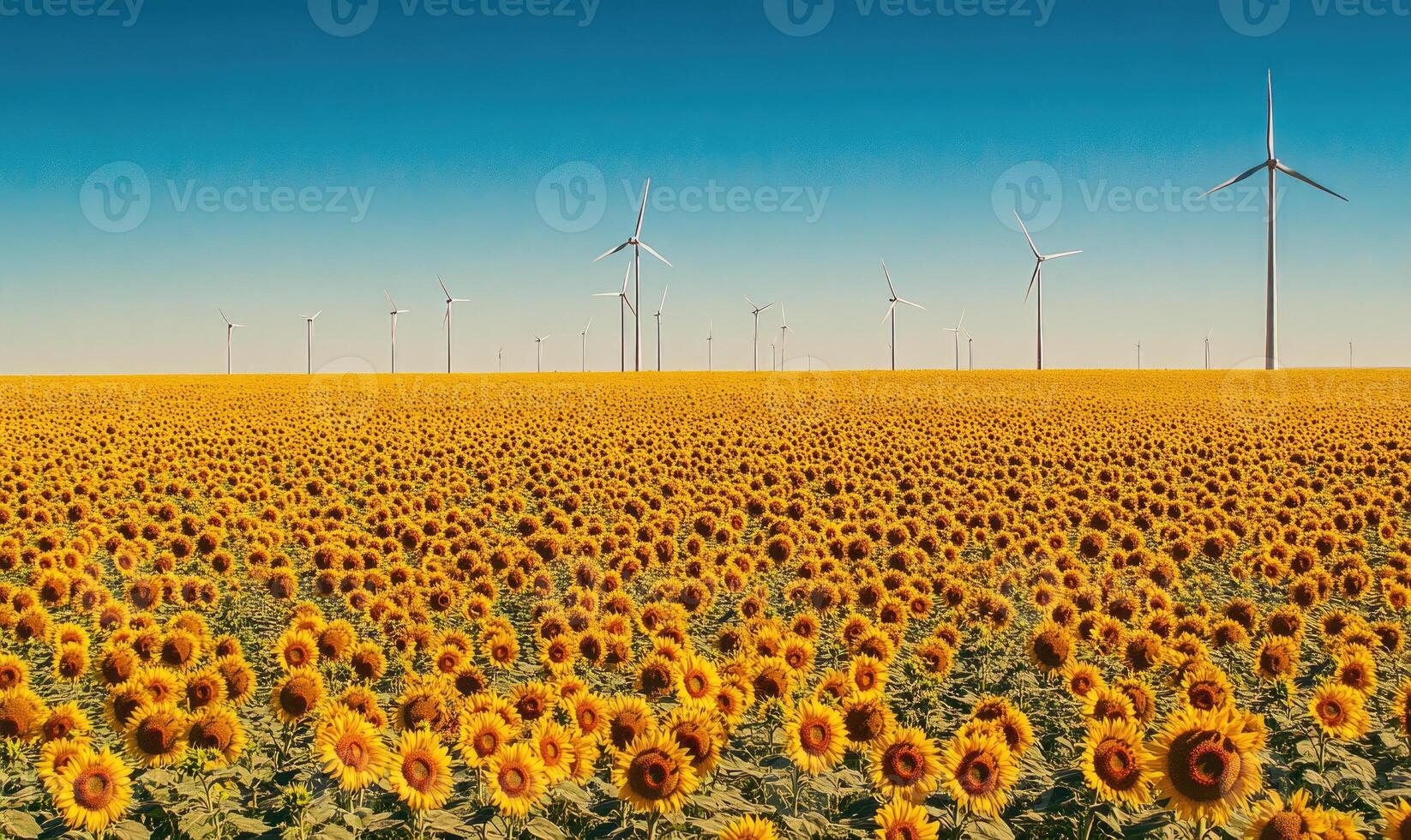 Vast sunflower fields, wind turbines in the distance photo