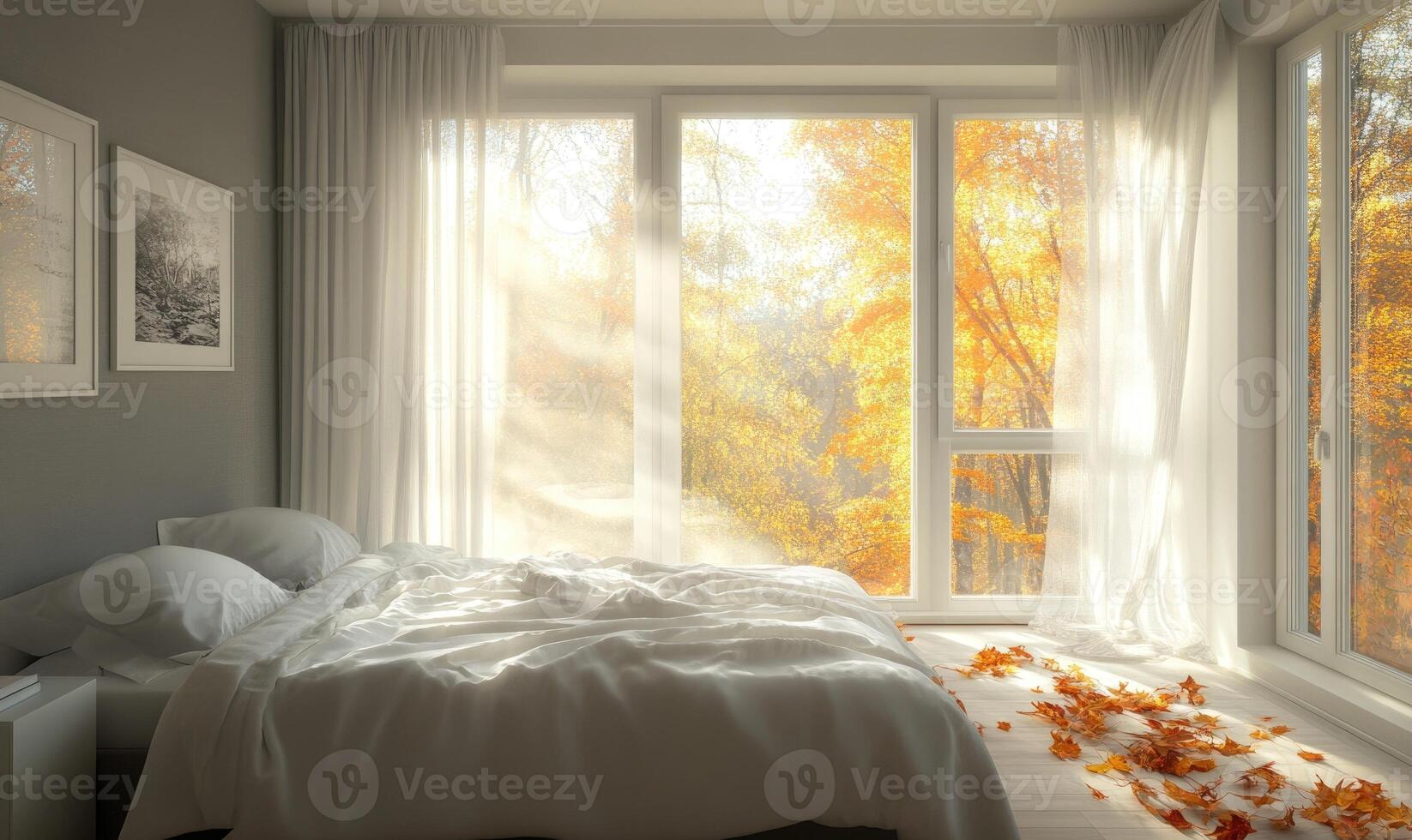 Warm bedroom, light wood bedframe, cozy knitted blankets, panoramic windows photo
