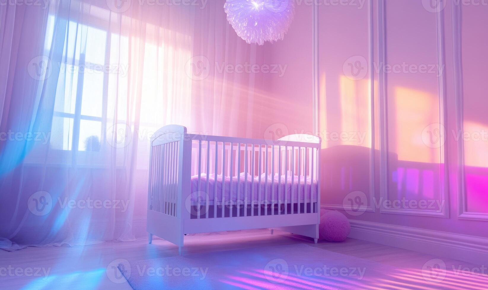 White crib in a nursery with lavender and pink decor, glowing purple and blue lights photo