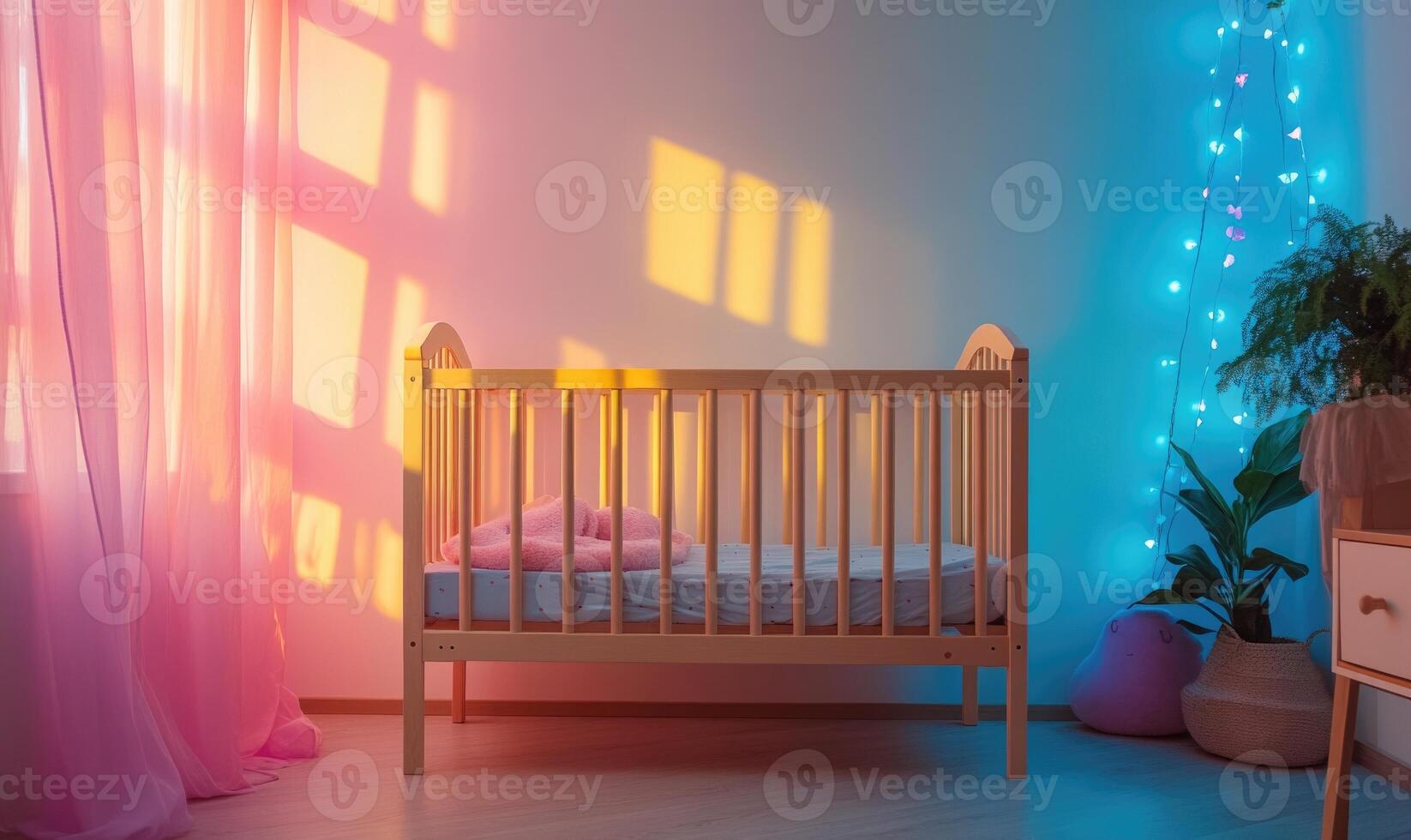 Wooden crib in a light blue nursery, glowing pink and purple lights photo