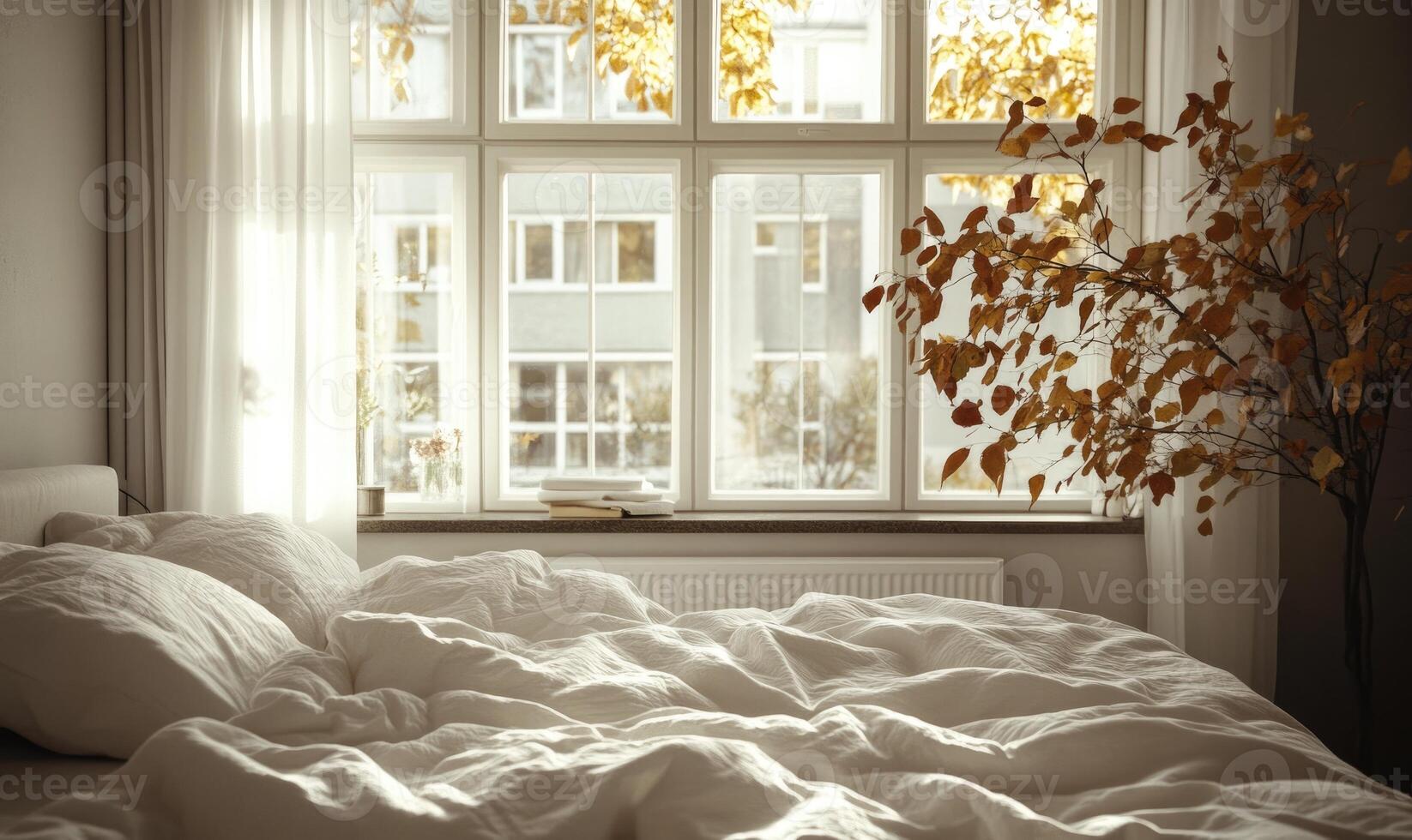 Warm bedroom, light wood bedframe, cozy knitted blankets, panoramic windows photo