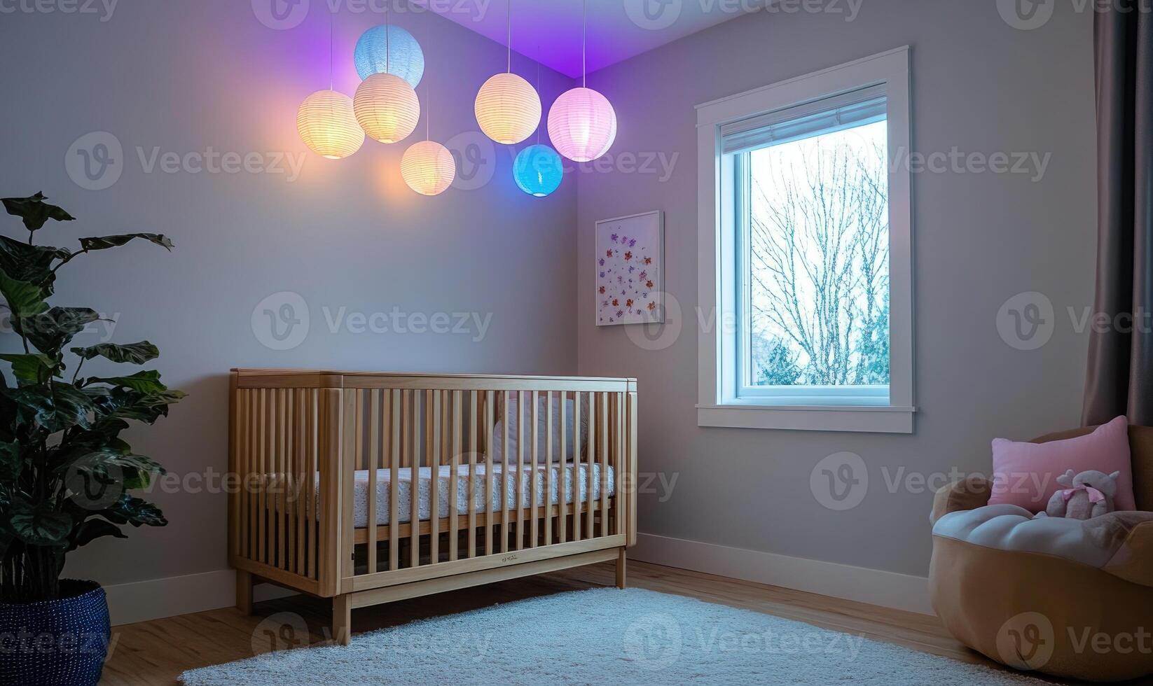 Wooden crib in a light yellow nursery, glowing blue and pink lights photo