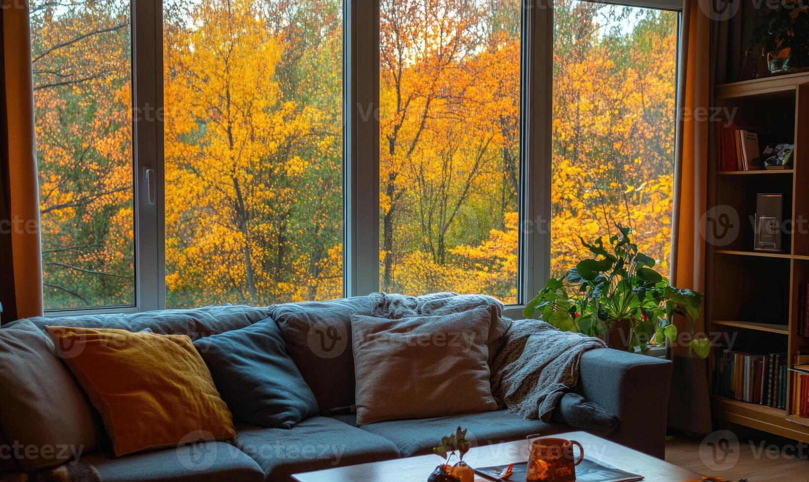 Warm living room, large window, rainy autumn woods outside photo