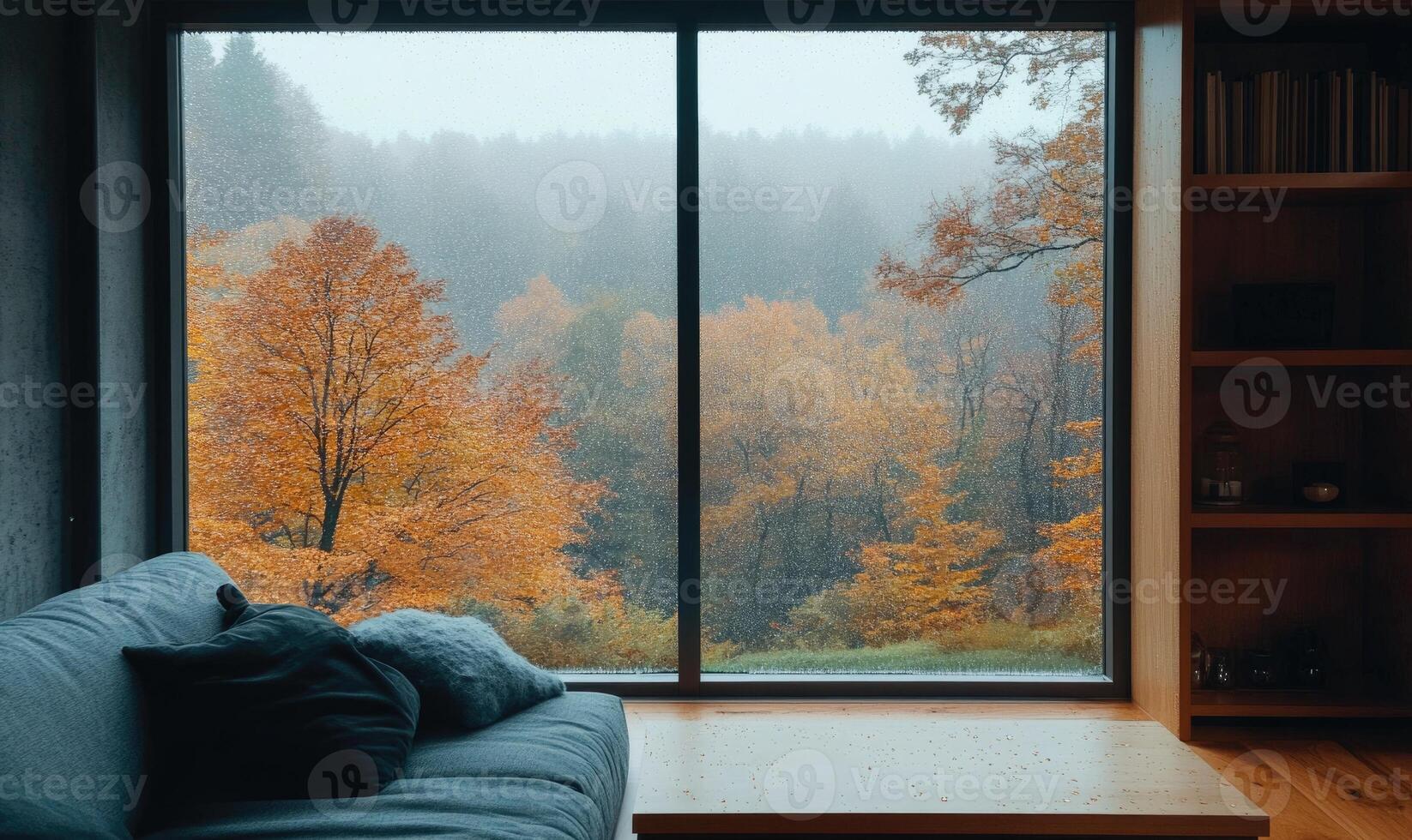Warm interior, large window, view of misty autumn landscape photo