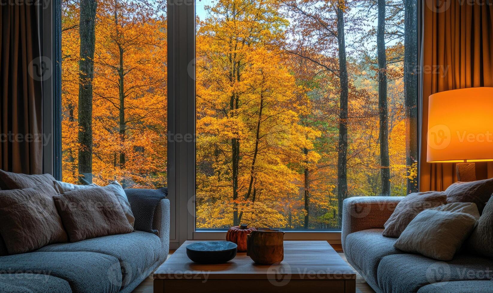 Warm living room, large window, rainy autumn woods outside photo