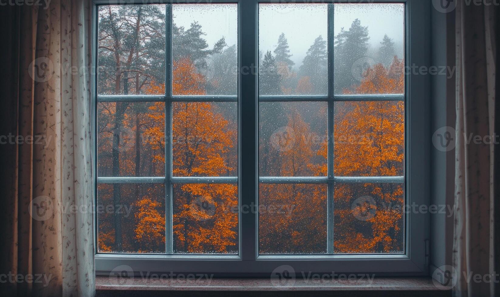 Warm interior, large window, view of misty autumn landscape photo