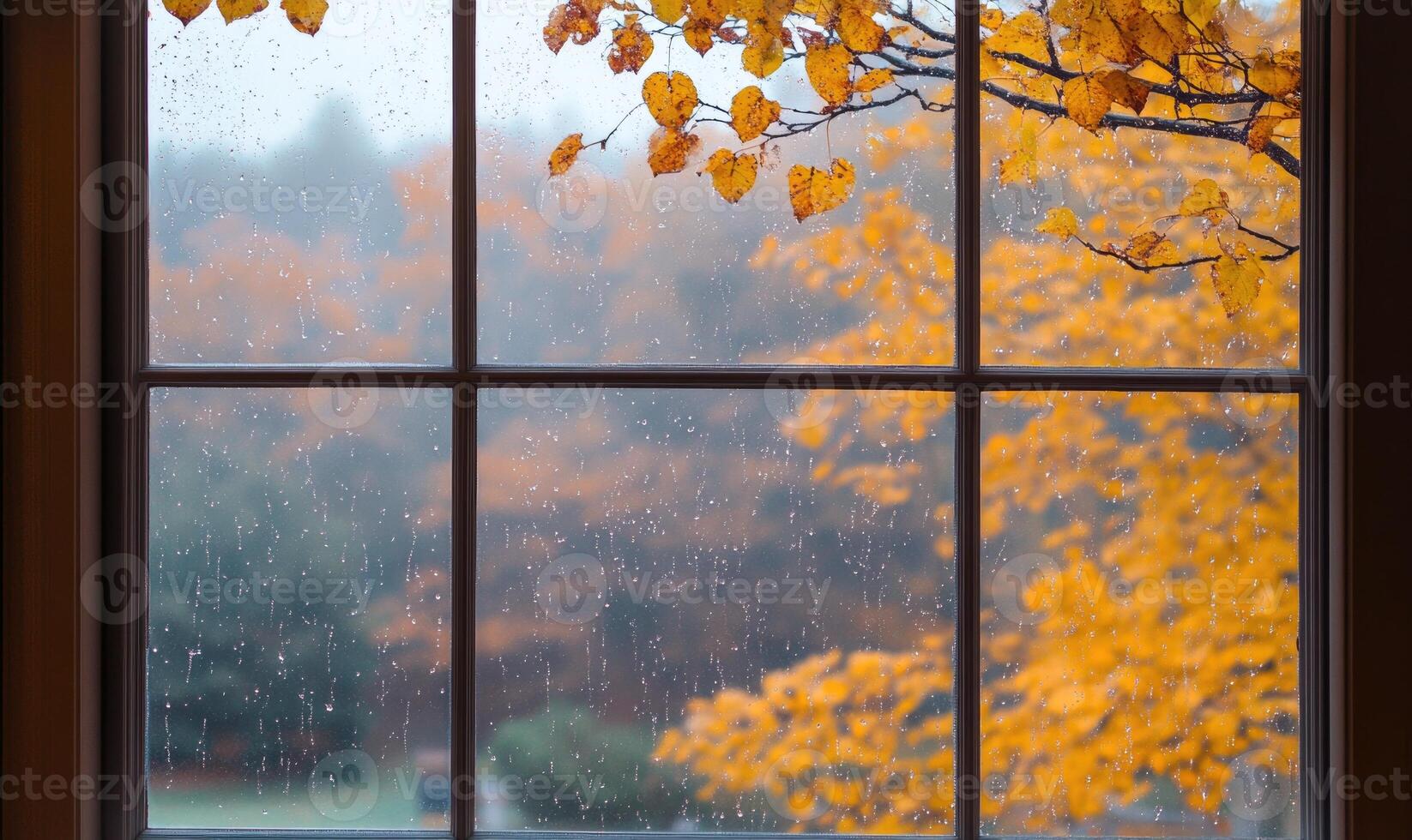 Warm interior, large window, view of misty autumn landscape photo