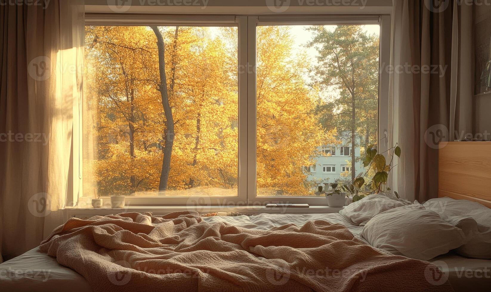 Warm Scandinavian bedroom, light wood bed, cozy blankets, large windows photo