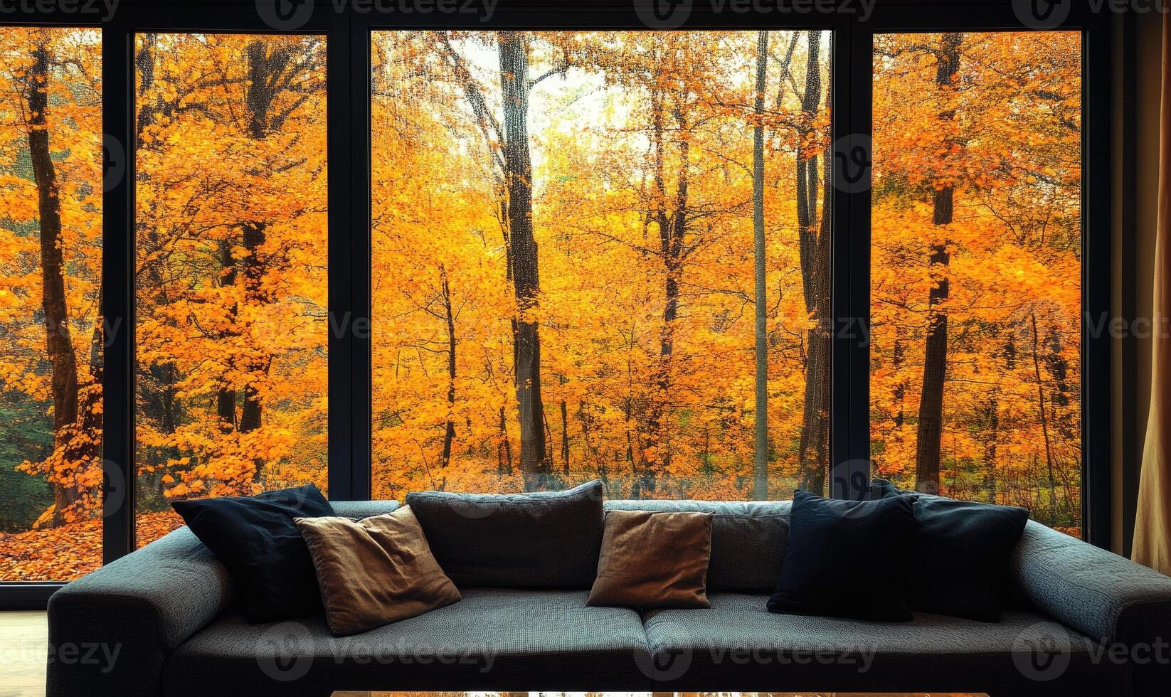 Warm living room, large window, rainy autumn woods outside photo