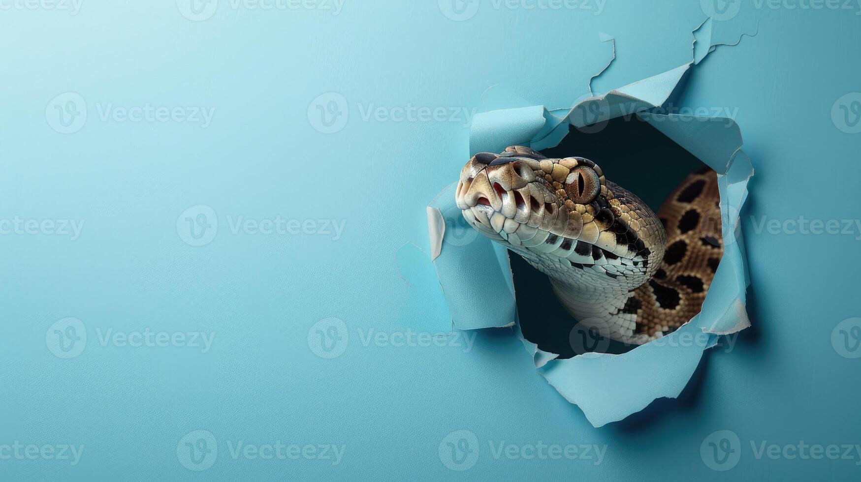 cute african rock python peeking through a hole photo