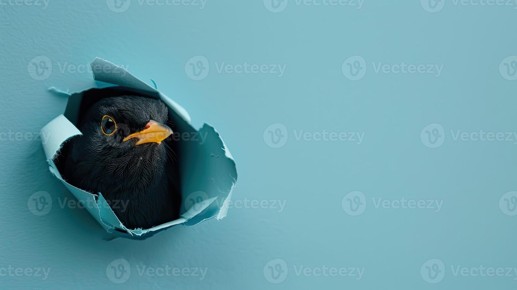 cute blackbird peeking through a hole photo