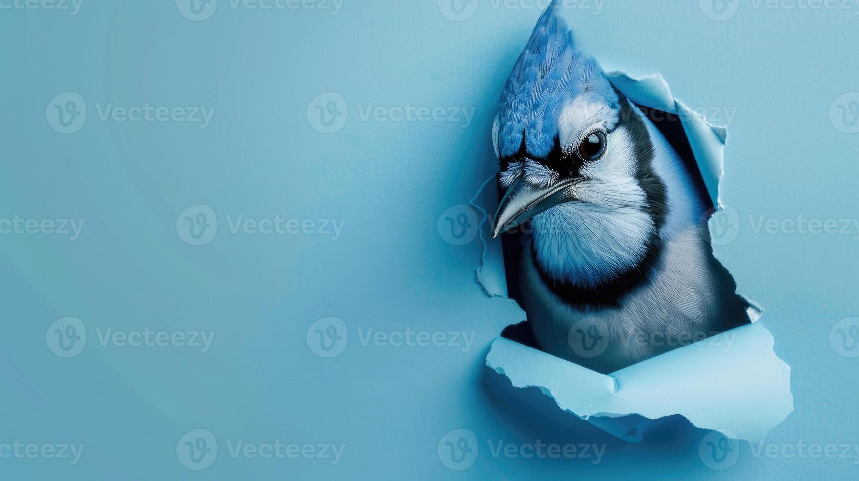 cute blue jay peeking through a hole photo