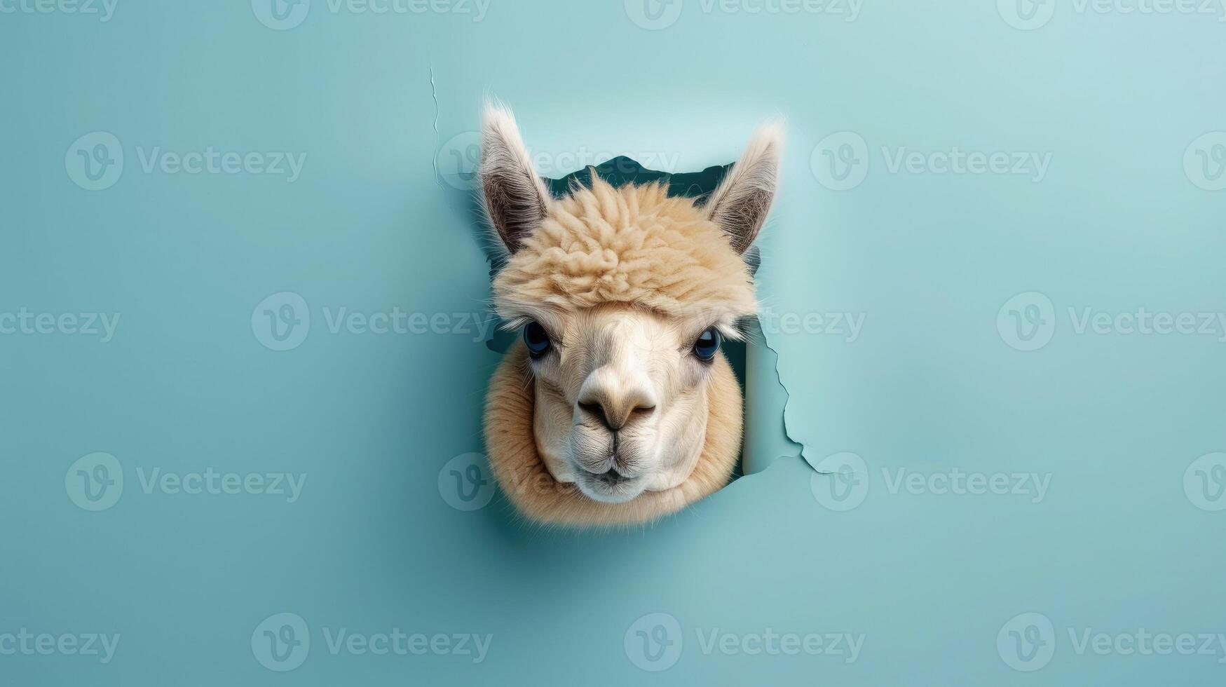 cute alpaca peeking through a hole photo