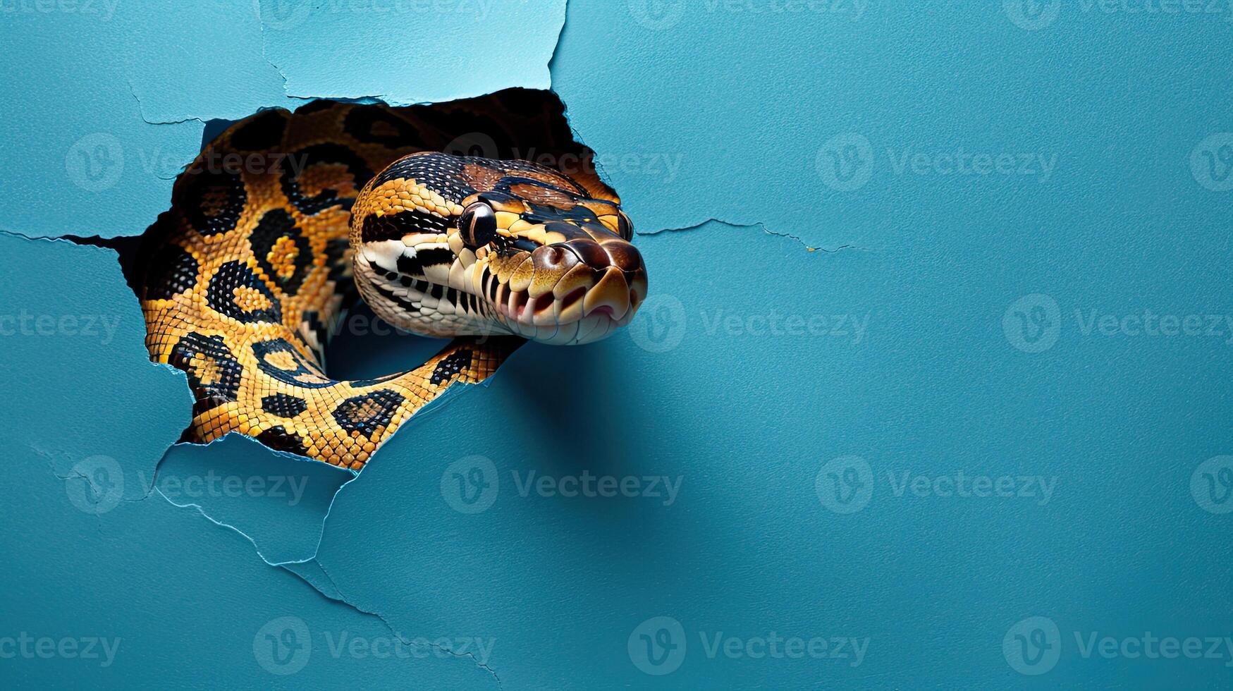 cute african rock python peeking through a hole photo