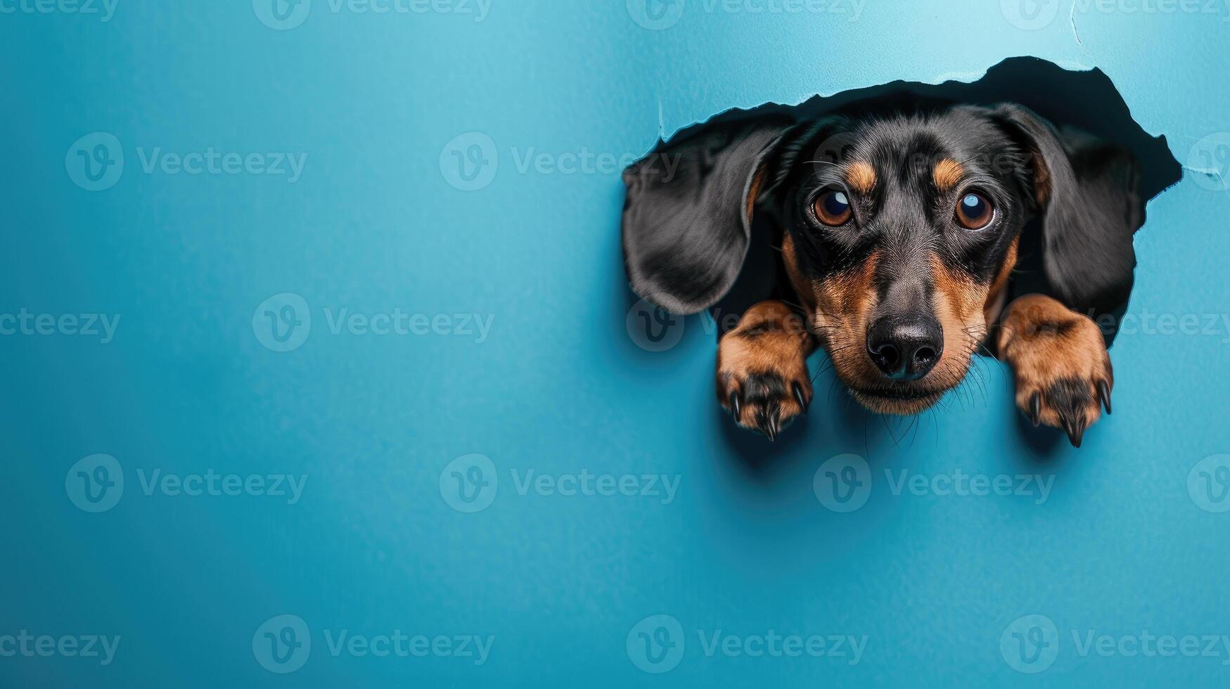 cute dachshund peeking through a hole photo