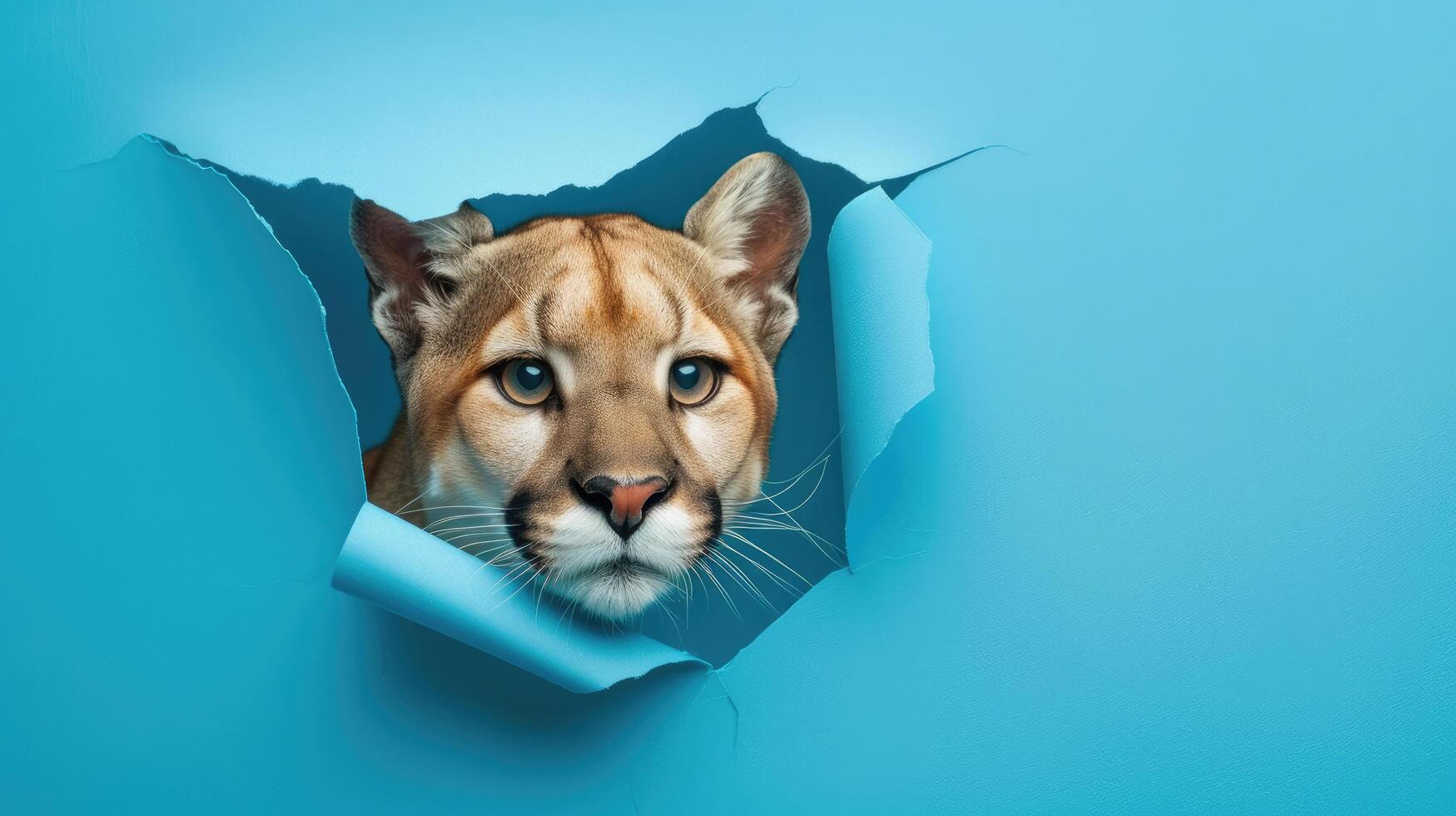 cute puma peeking through a hole photo