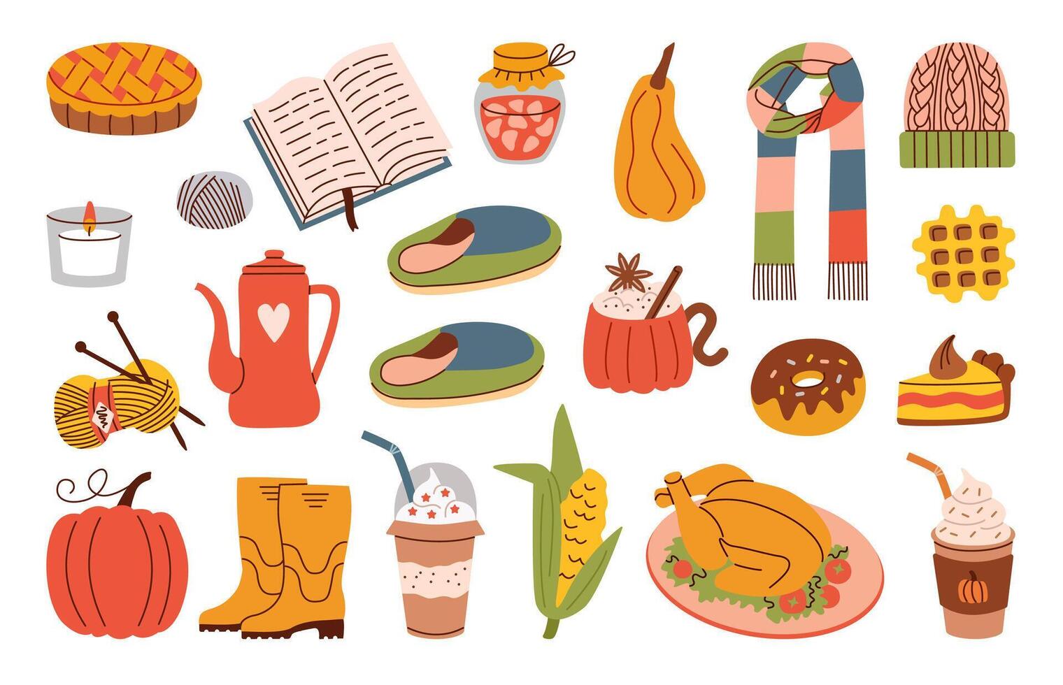 Flat style cozy autumn set featuring warm drinks, comfort foods, and seasonal accessories. Ideal for fall-themed projects, home decor, social media graphics, and invitations. vector