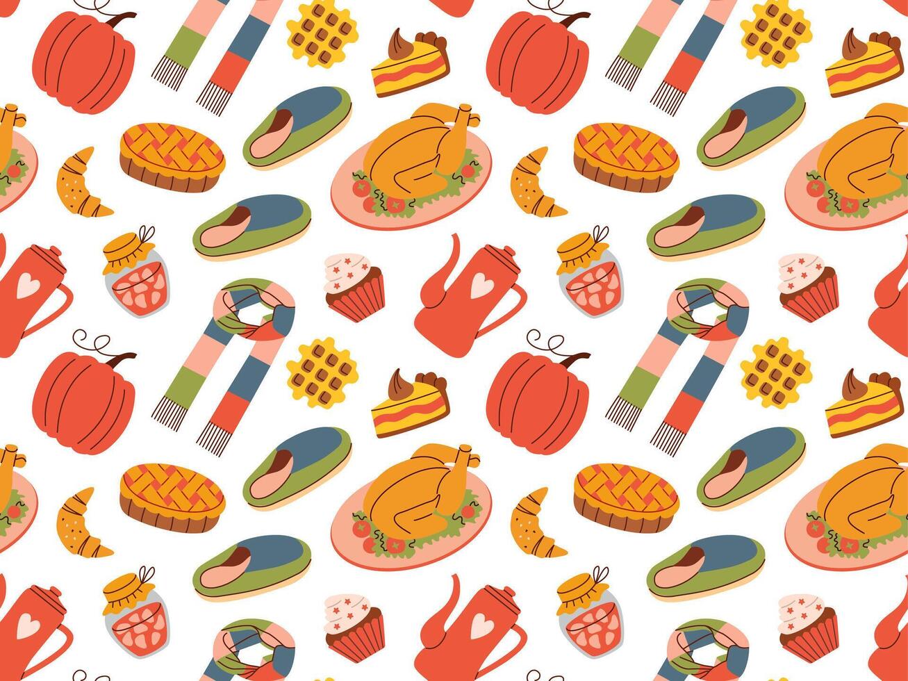 Flat style seamless autumn pattern with cozy fall elements like pumpkins, slippers, pies, scarves, and warm drinks. Ideal for seasonal designs, textiles, wrapping paper, or digital backgrounds. vector