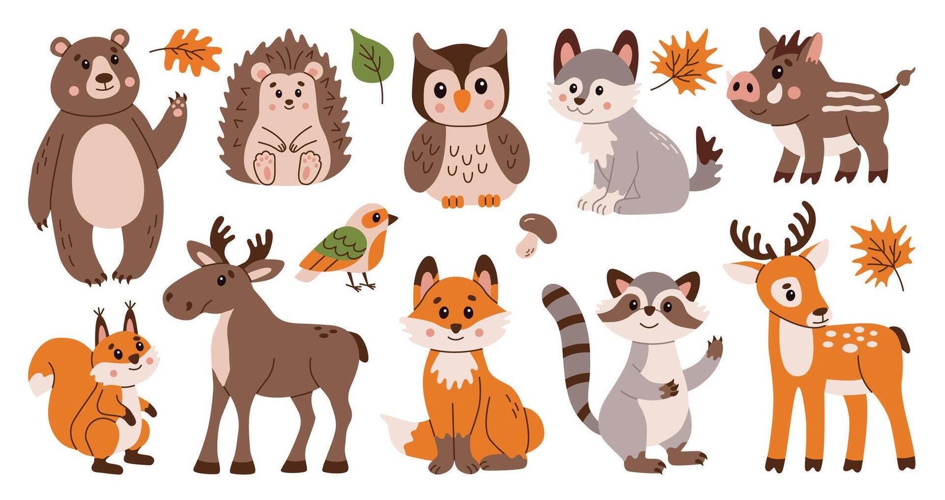 Flat style illustration featuring a collection of cute forest animals, including bear, owl, hedgehog, and deer. Perfect for children's projects, autumn designs, educational materials, and more. vector