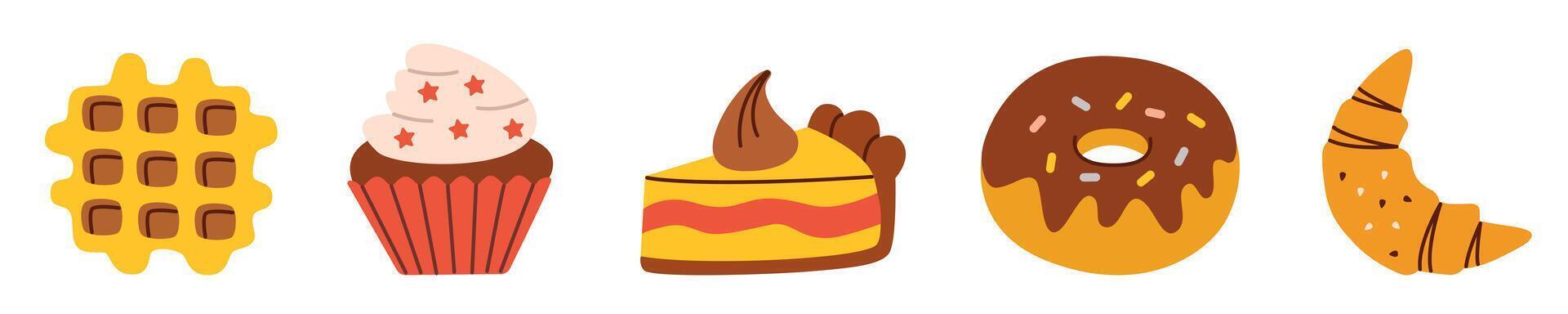 Flat style illustration of various baked goods including a waffle, cupcake, cake slice, donut, and croissant. Ideal for food projects, baking designs, and children's graphics. vector