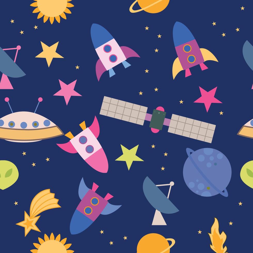 Seamless space pattern with stars, planets. vector
