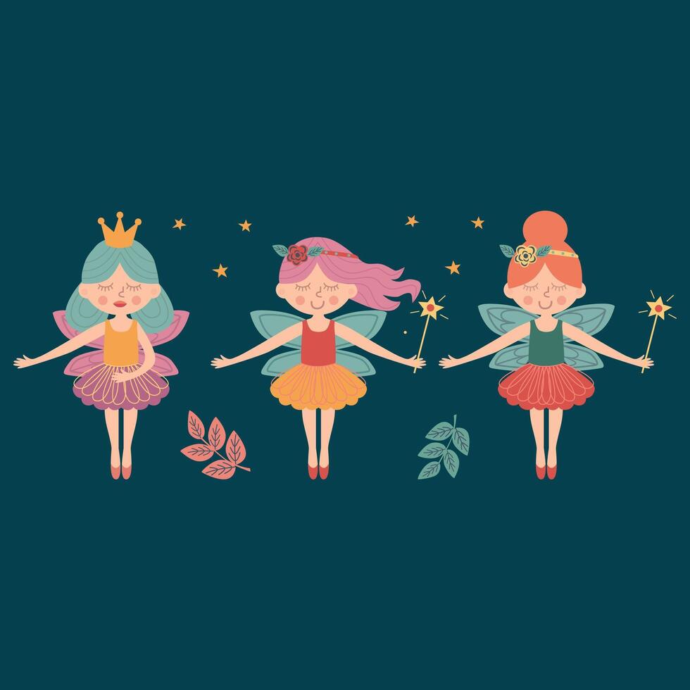 Set of fairy with leaves and stars. vector