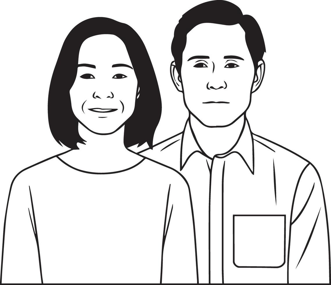 A black and white sketch of a happy couple. The illustration is capture warmth and affection, with clean, minimalistic lines that convey the couples joyful connection. vector
