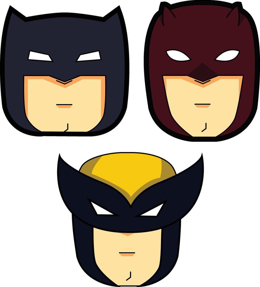 three heros head masks they are batman, daredevil, and wolverine vector