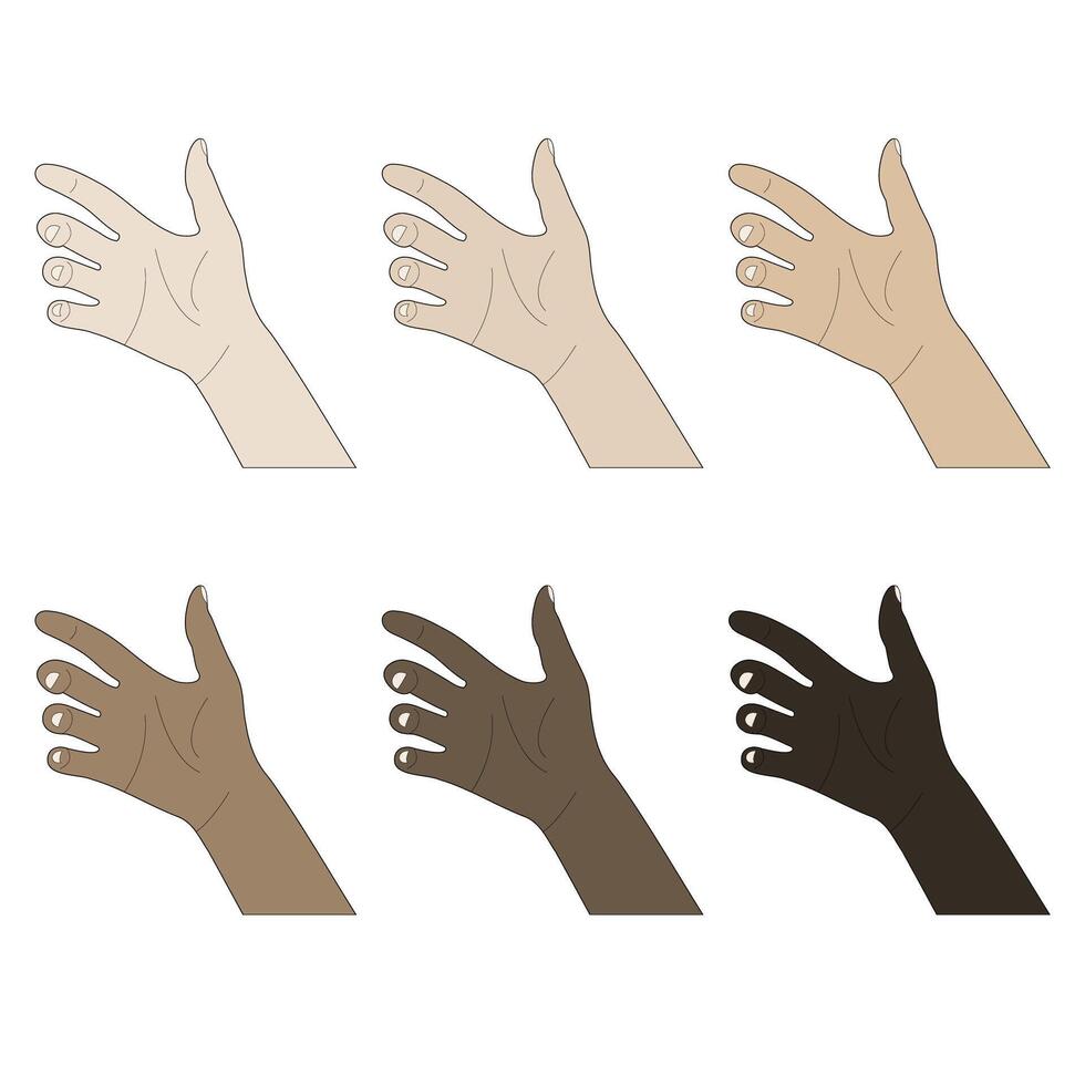 A set of images of human hands of different skin tones. vector