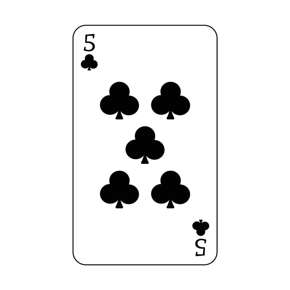 The playing card is the black club number five. vector