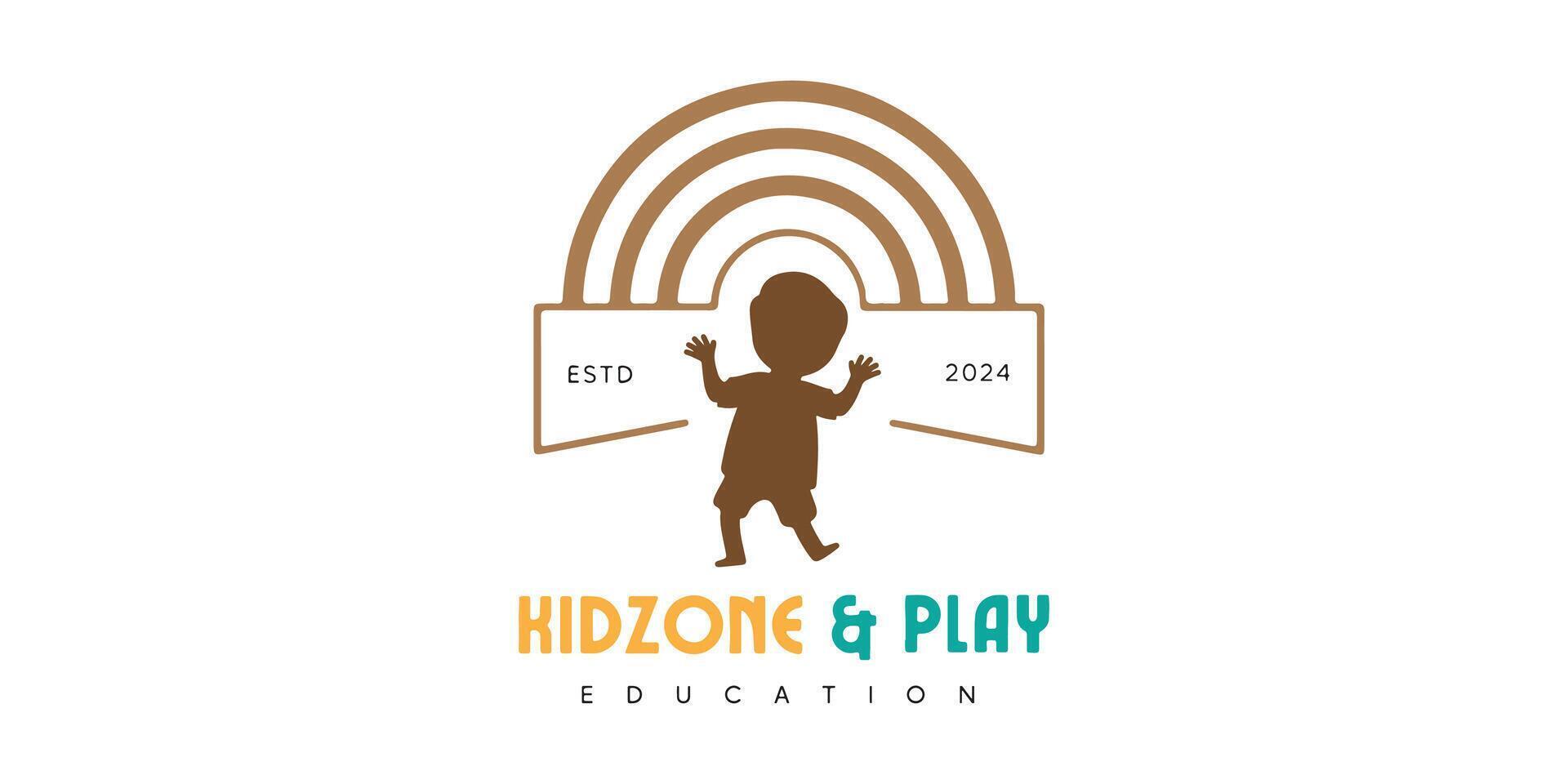 Handsome Little Boy with Rainbow Play Logo Design Illustration. vector