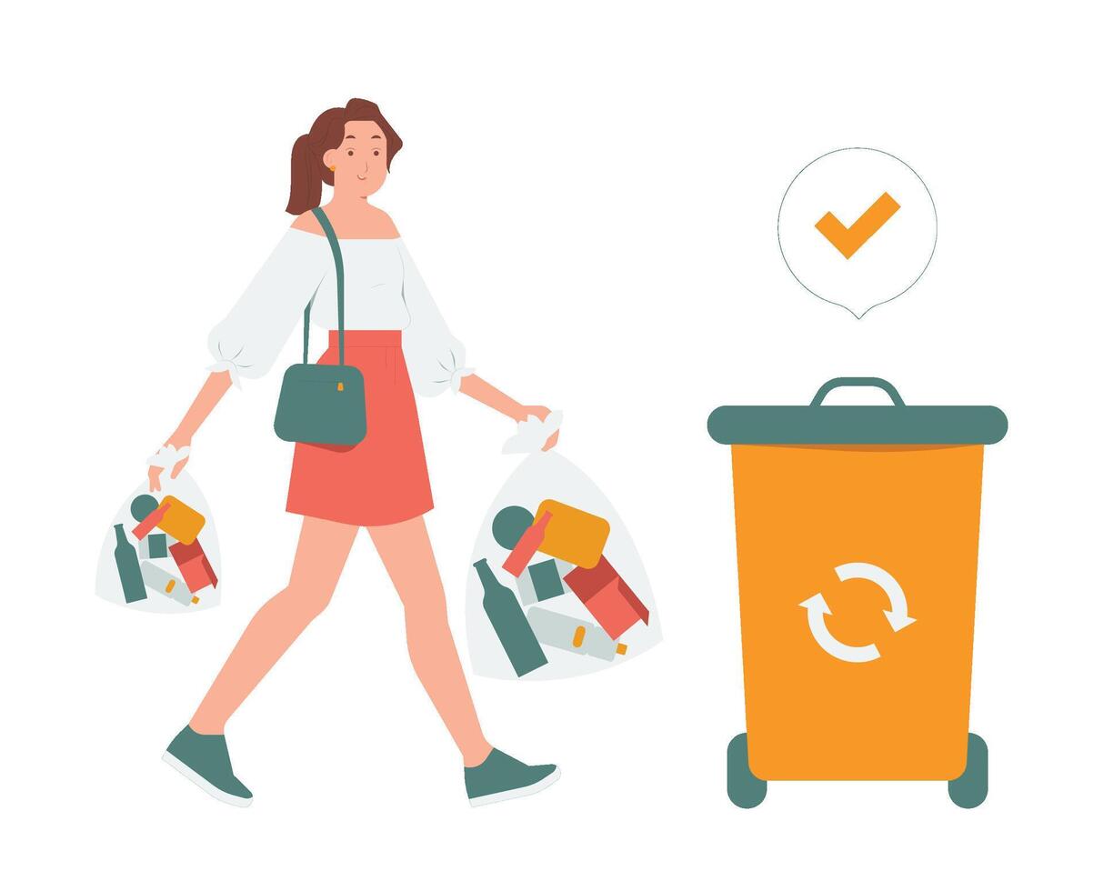 Carry trash bags throw garbage into recycle containers after clean up rubbish removing concept illustration vector