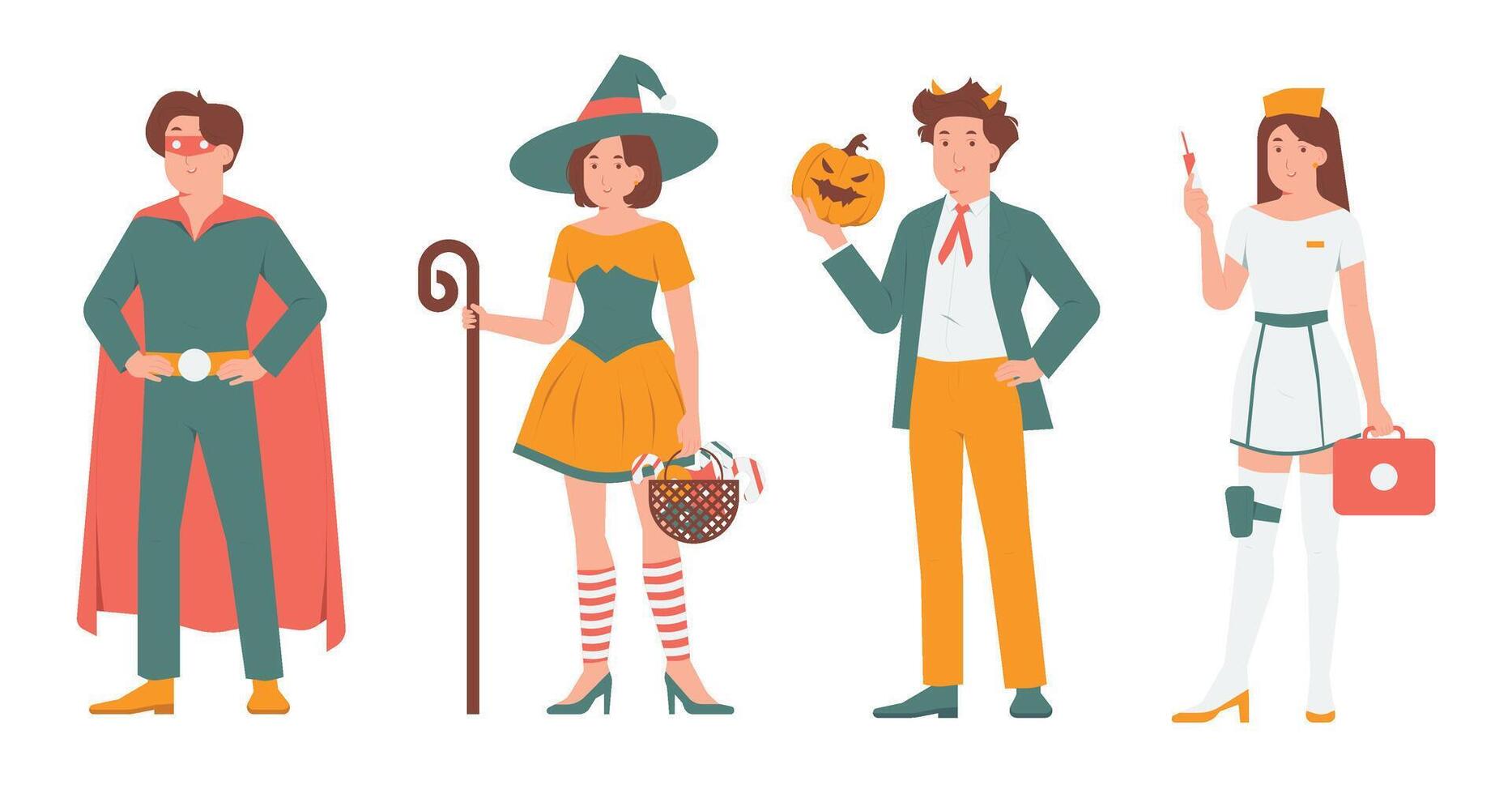 Set collection of young people wearing Halloween costumes witch, hero, vampire, nurse celebrate holiday fun party concept illustration vector
