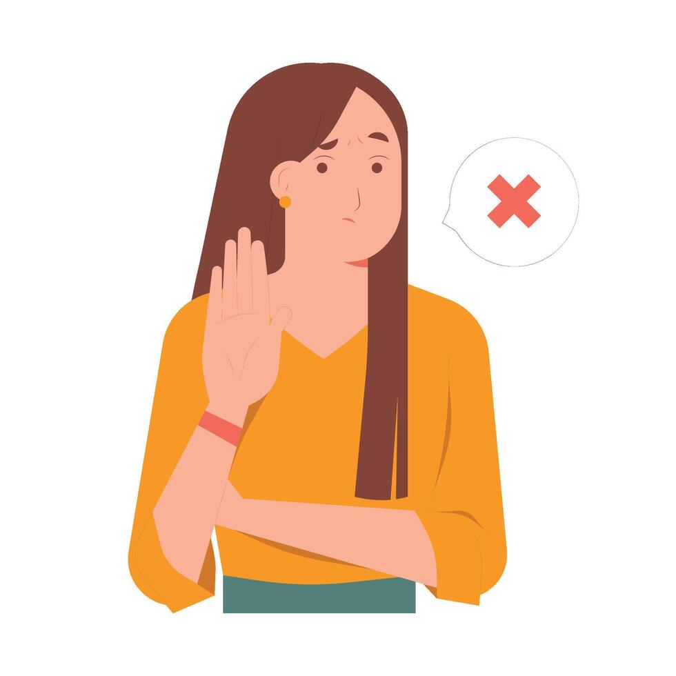 Annoyed woman no stop gesture deny disagree not interested rejection expression concept illustration vector